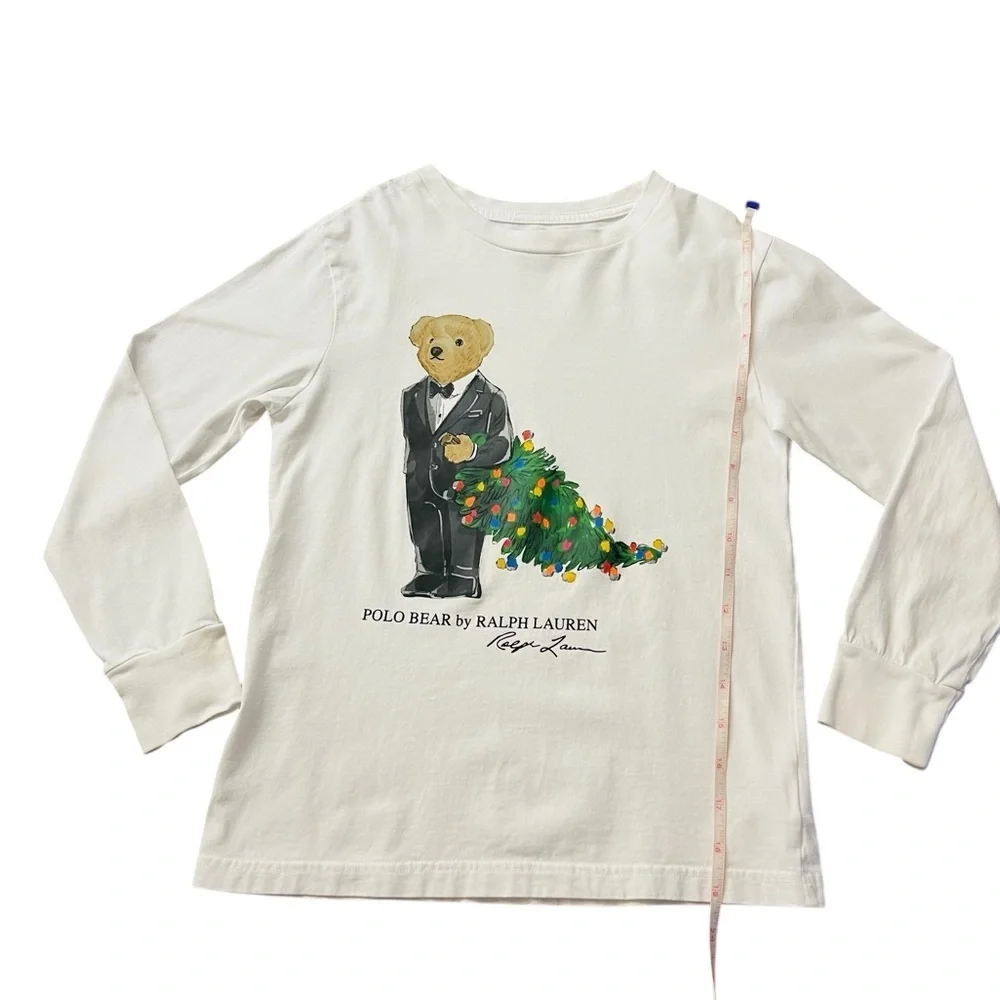 Ralph Lauren Kids White Long Sleeve Tee with Bear Graphic Size 8